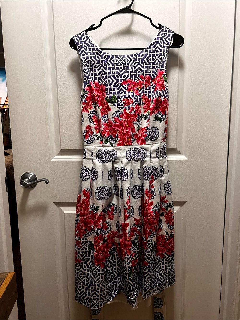 Talbots Navy, White and PinkFloral Midi Dress